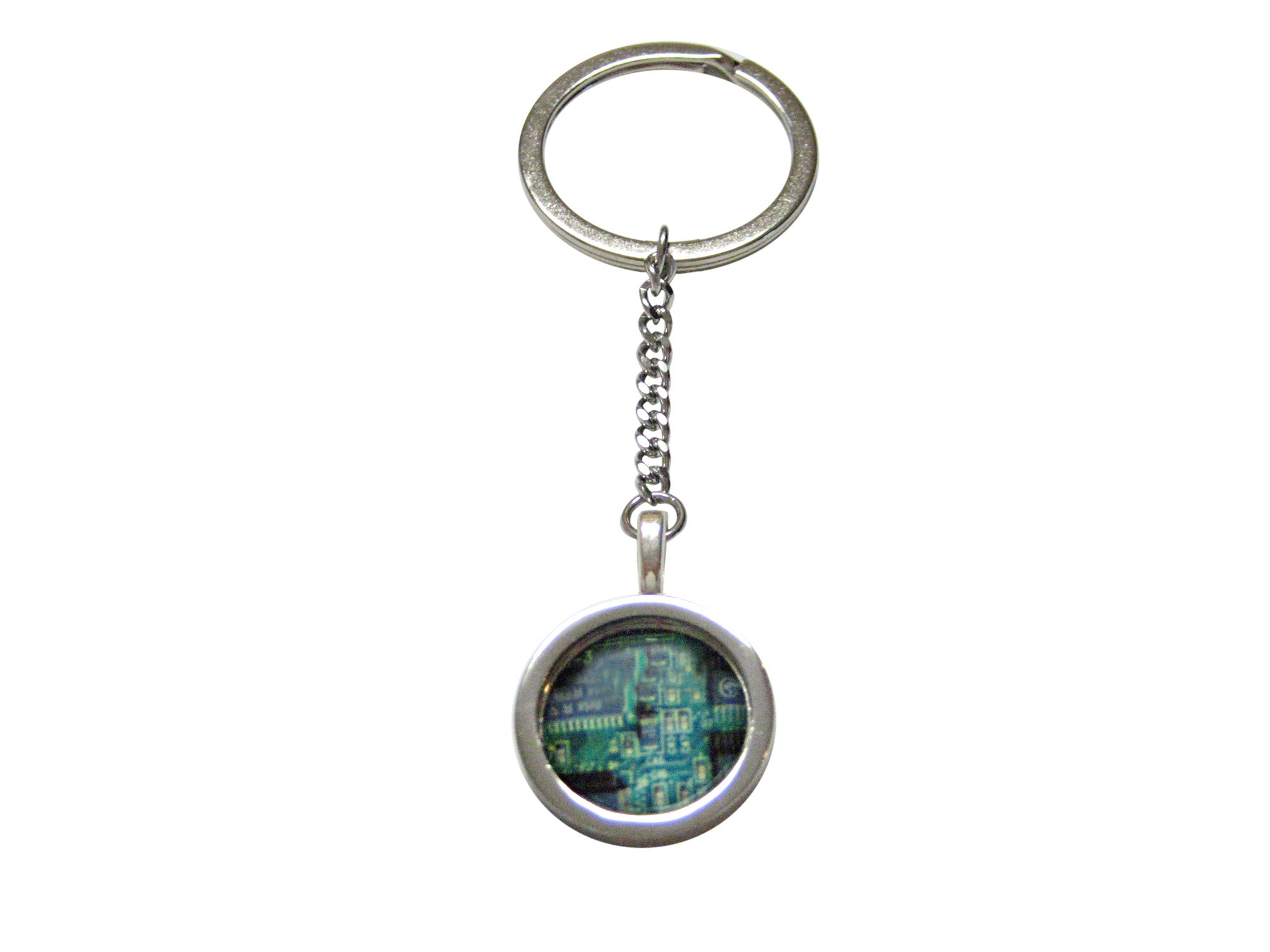 Circular Green Computer Circuit Pendant Keychain