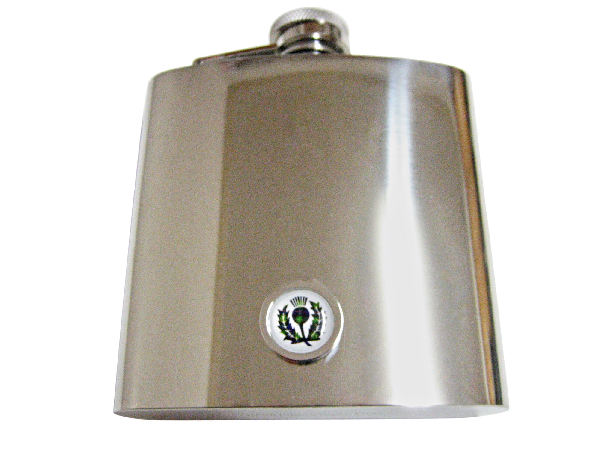 Circular Green Scottish Thistle 6 Oz. Stainless Steel Flask