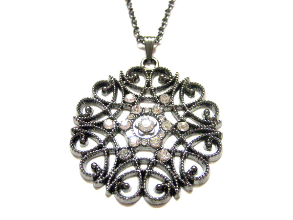 Dark Silver Toned Circular Jeweled Pendant
