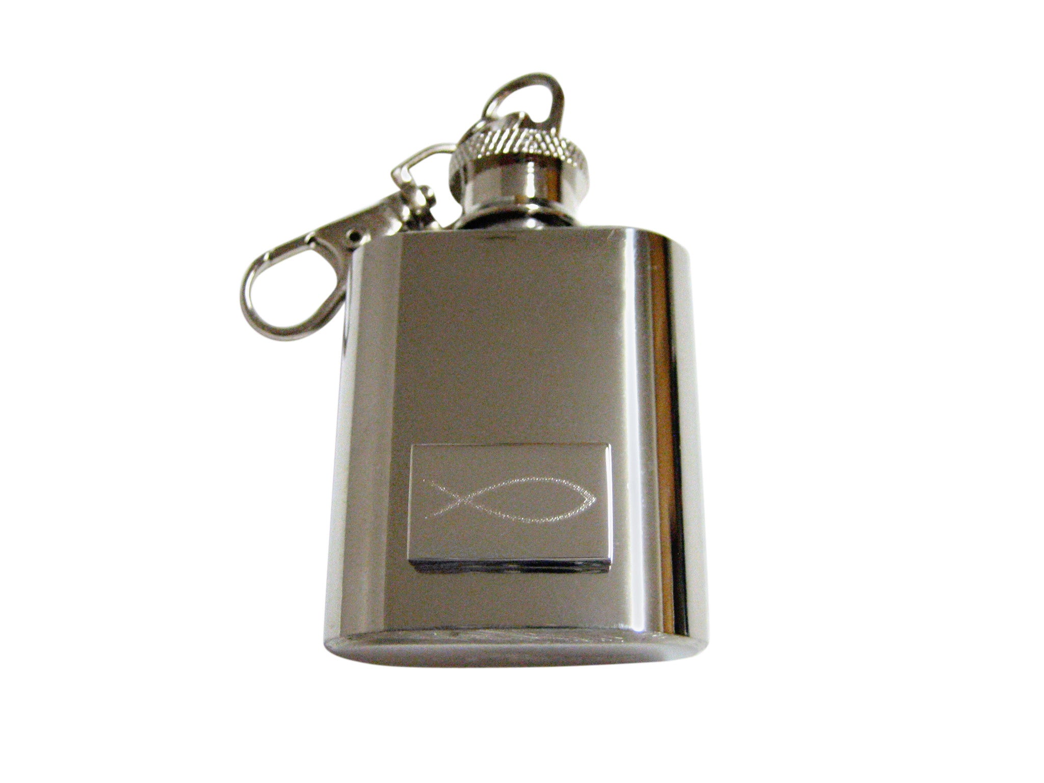 Etched Silver Toned Religious Ichthys Fish 1 Oz. Stainless Steel Key Chain Flask