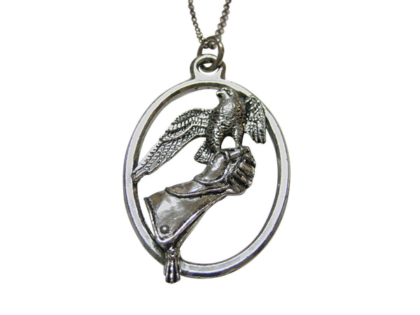 Falcon Bird and Glove Large Oval Pendant Necklace