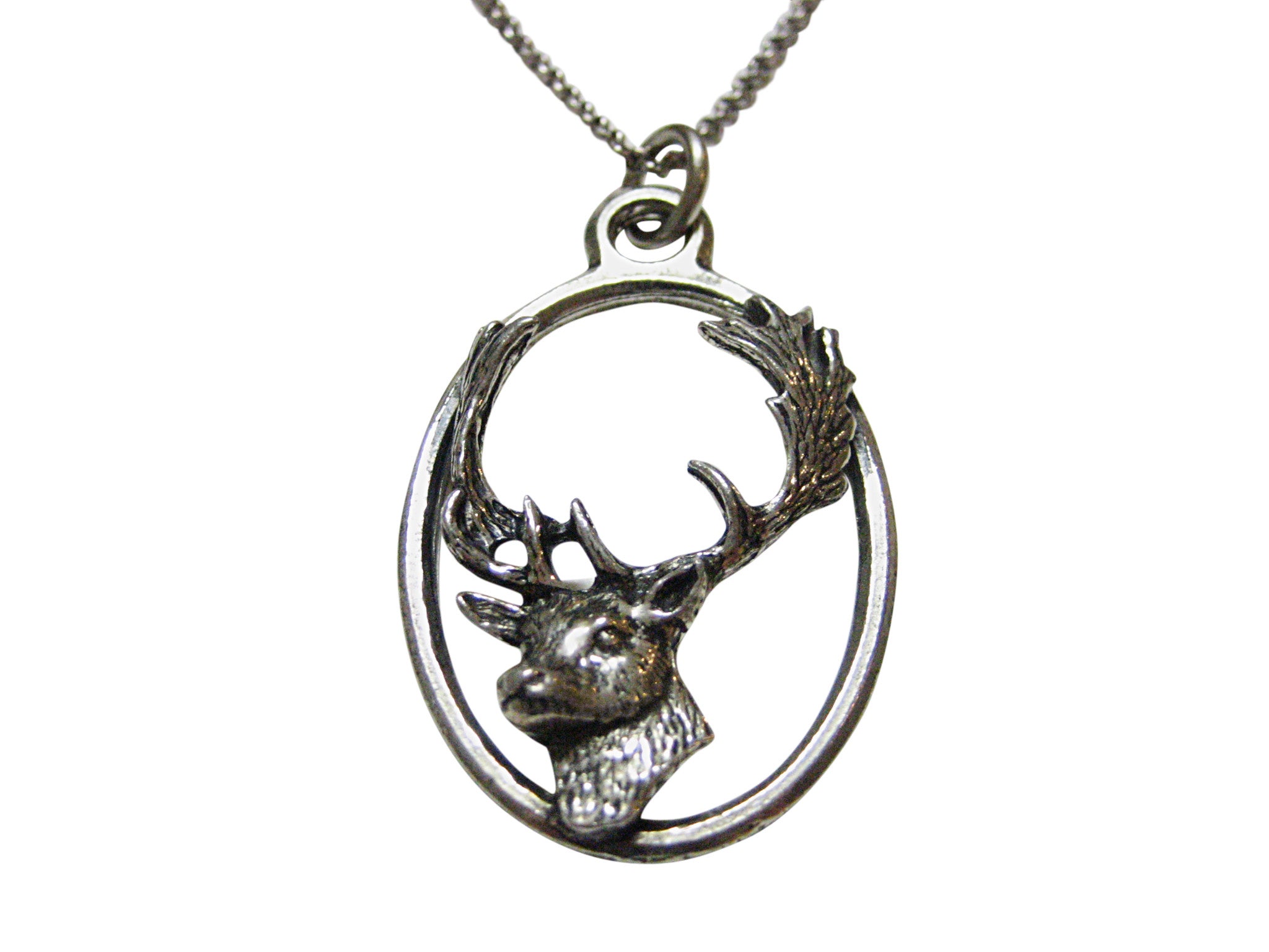 Fallow Deer Head Large Oval Pendant Necklace