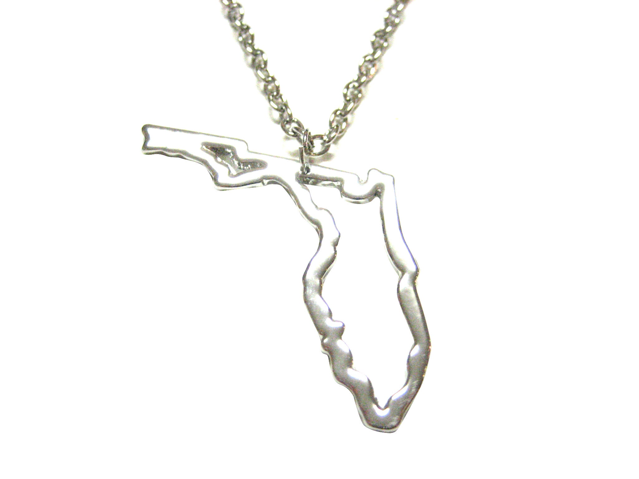 Silver Toned Florida State Map Outline Pendant Necklace