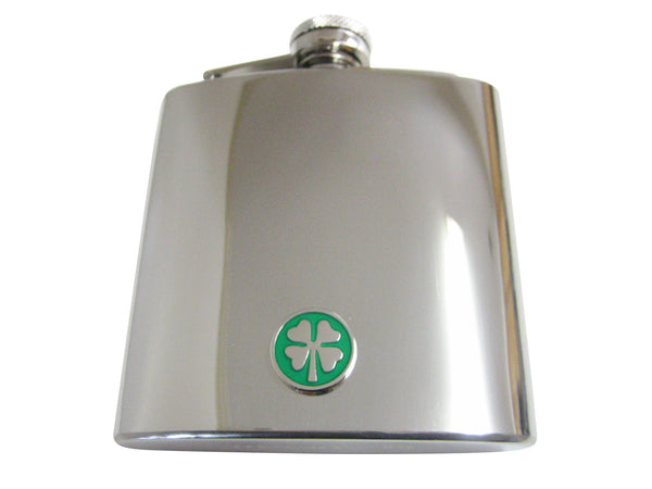 6 Oz. Stainless Steel Flask with Circular Four Leaf Clover Pendant