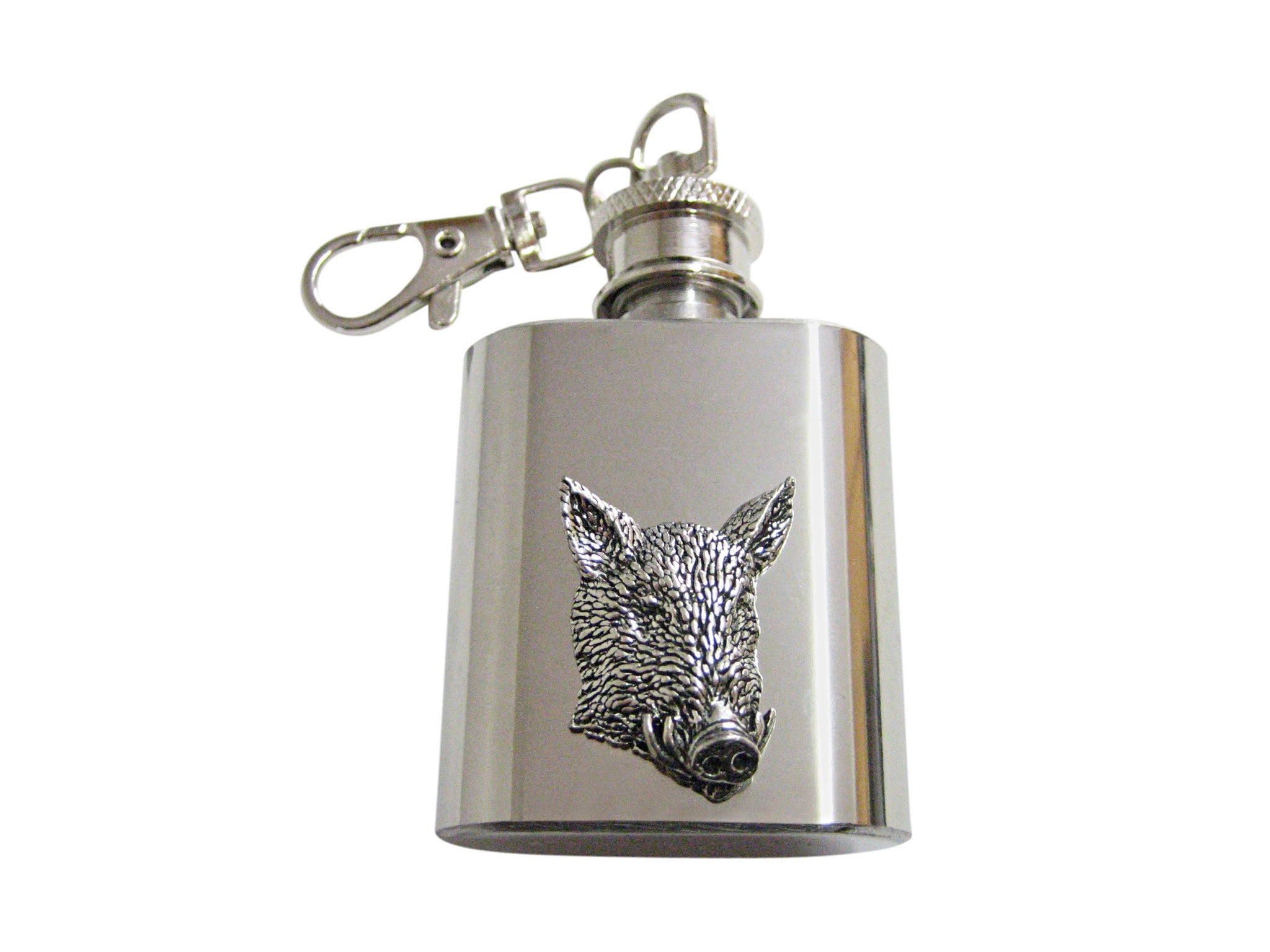 Front Looking Wild Boar Head 1 Oz. Stainless Steel Key Chain Flask