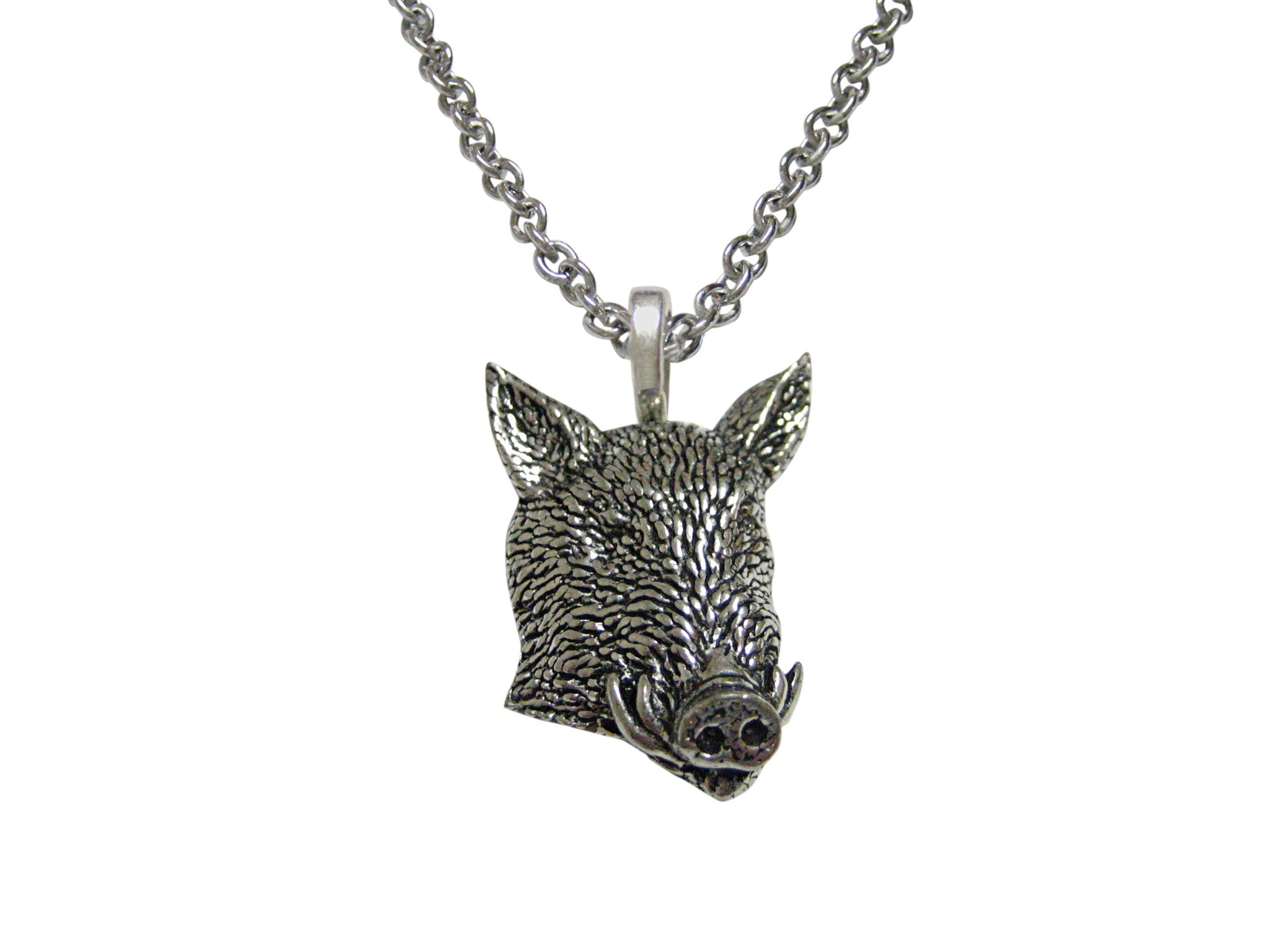Front Looking Wild Boar Hog Head Pendant Necklace