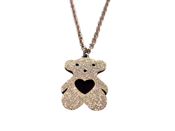 Glittery Teddy Bear with Heart Pendant Necklace
