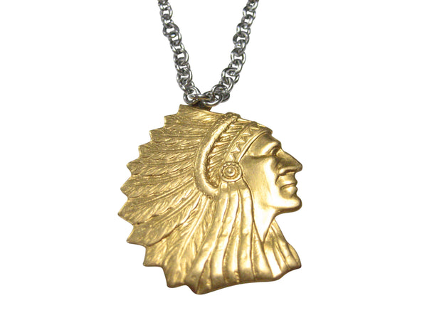 Gold Toned Indian Chief Head Pendant Necklace
