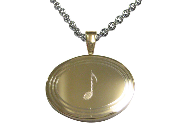Gold Toned Oval Etched Single Quaver Musical Note Pendant Necklace