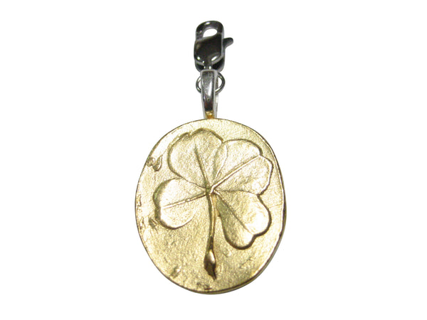 Gold Toned Oval Lucky Four Leaf Clover Pendant Zipper Pull Charm