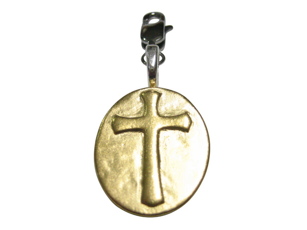 Gold Toned Oval Religious Cross Pendant Zipper Pull Charm