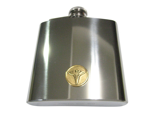 Gold Toned Round Medical Caduceus Symbol 6oz Flask