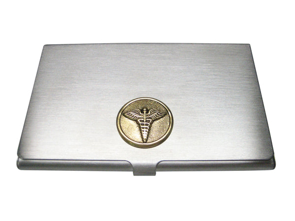 Gold Toned Round Medical Caduceus Symbol Business Card Holder