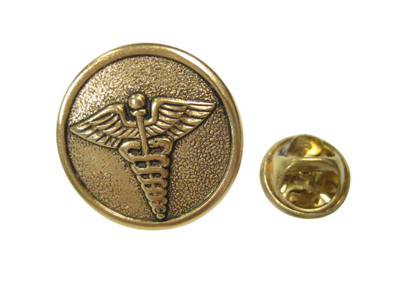 Gold Toned Round Medical Caduceus Symbol Lapel Pin