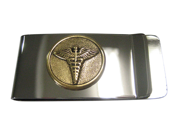 Gold Toned Round Medical Caduceus Symbol Money Clip