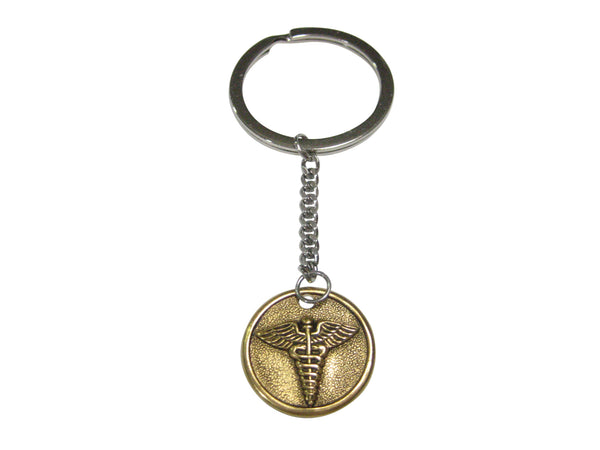 Gold Toned Round Medical Caduceus Symbol Pendant Keychain