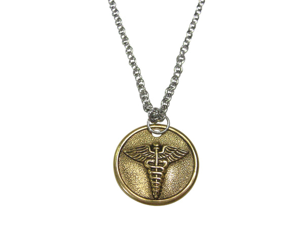 Gold Toned Round Medical Caduceus Symbol Pendant Necklace