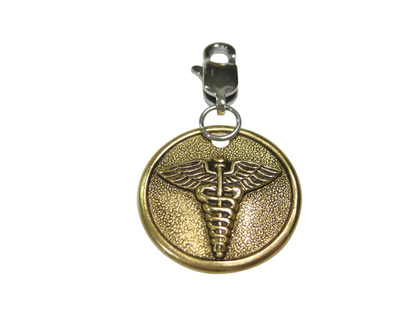 Gold Toned Round Medical Caduceus Symbol Pendant Zipper Pull Charm