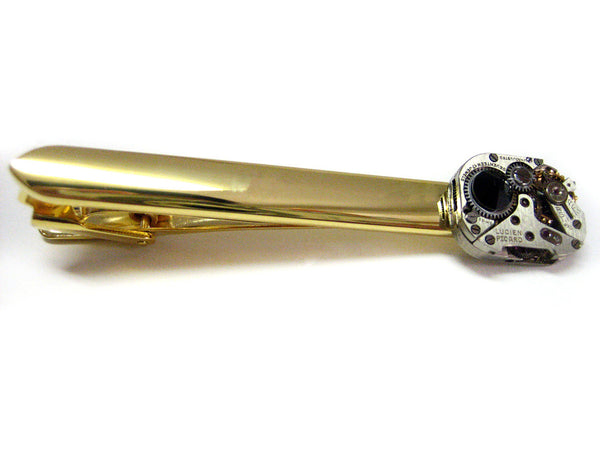 Gold Plated Steampunk Watch Gear Tie Clip with Black Swarovski Crystals