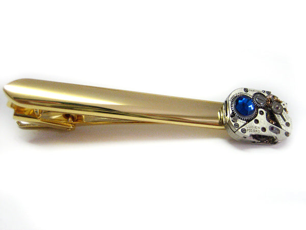 Gold Plated Steampunk Watch Gear Tie Clip with Blue Swarovski Crystals