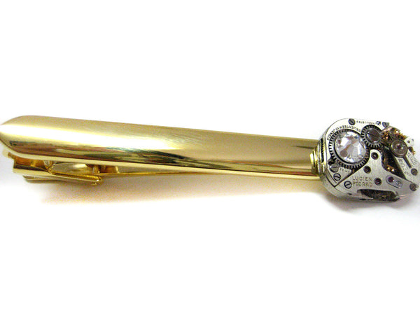 Gold Plated Steampunk Watch Gear Tie Clip with Clear Swarovski Crystals