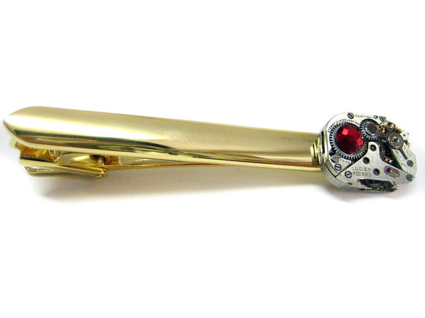 Gold Plated Steampunk Watch Gear Tie Clip with Red Swarovski Crystals
