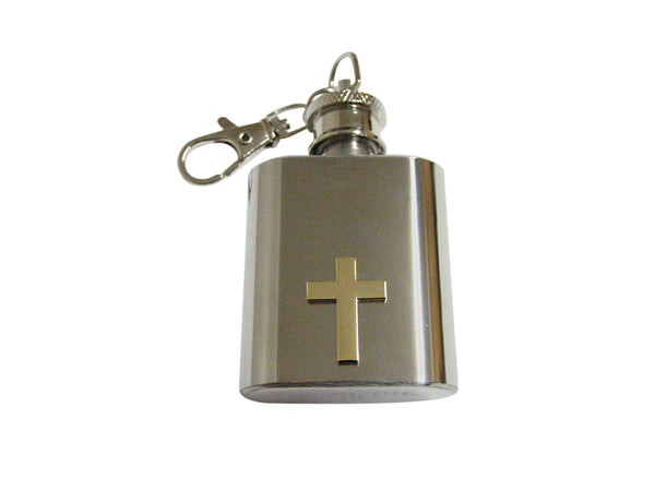 Gold Toned Classic Religious Cross 1 Oz. Stainless Steel Key Chain Flask
