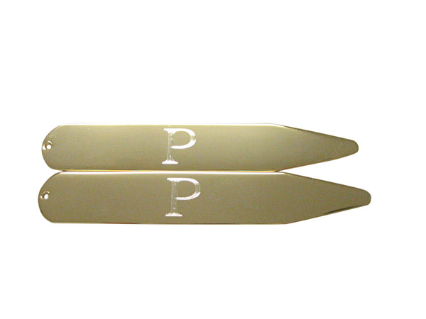 Gold Toned Etched Letter P Monogram Collar Stays