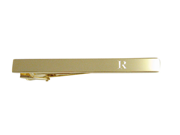 Gold Toned Etched Letter R Monogram Square Tie Clip