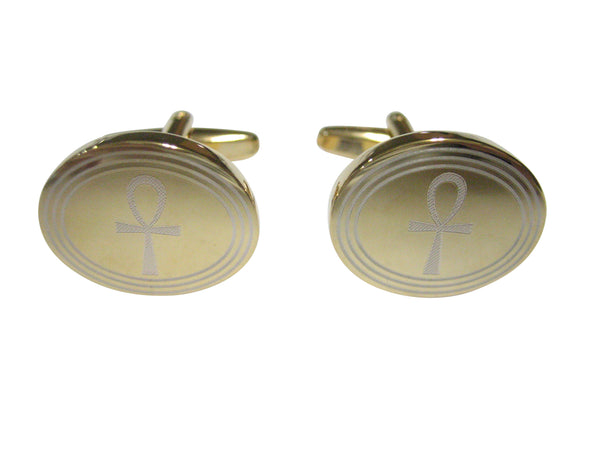 Gold Toned Etched Oval Ankh Cross Cufflinks