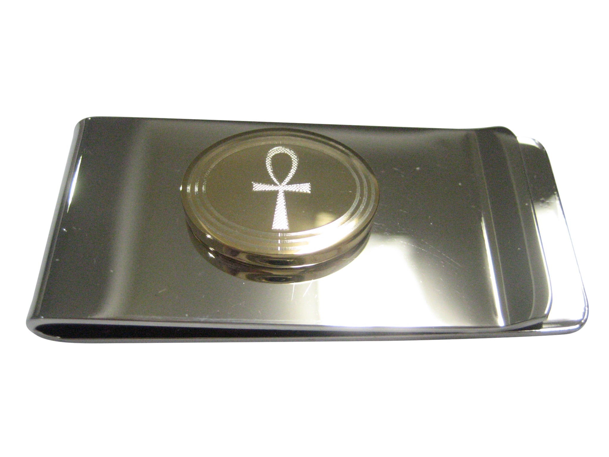 Gold Toned Etched Oval Ankh Cross Money Clip