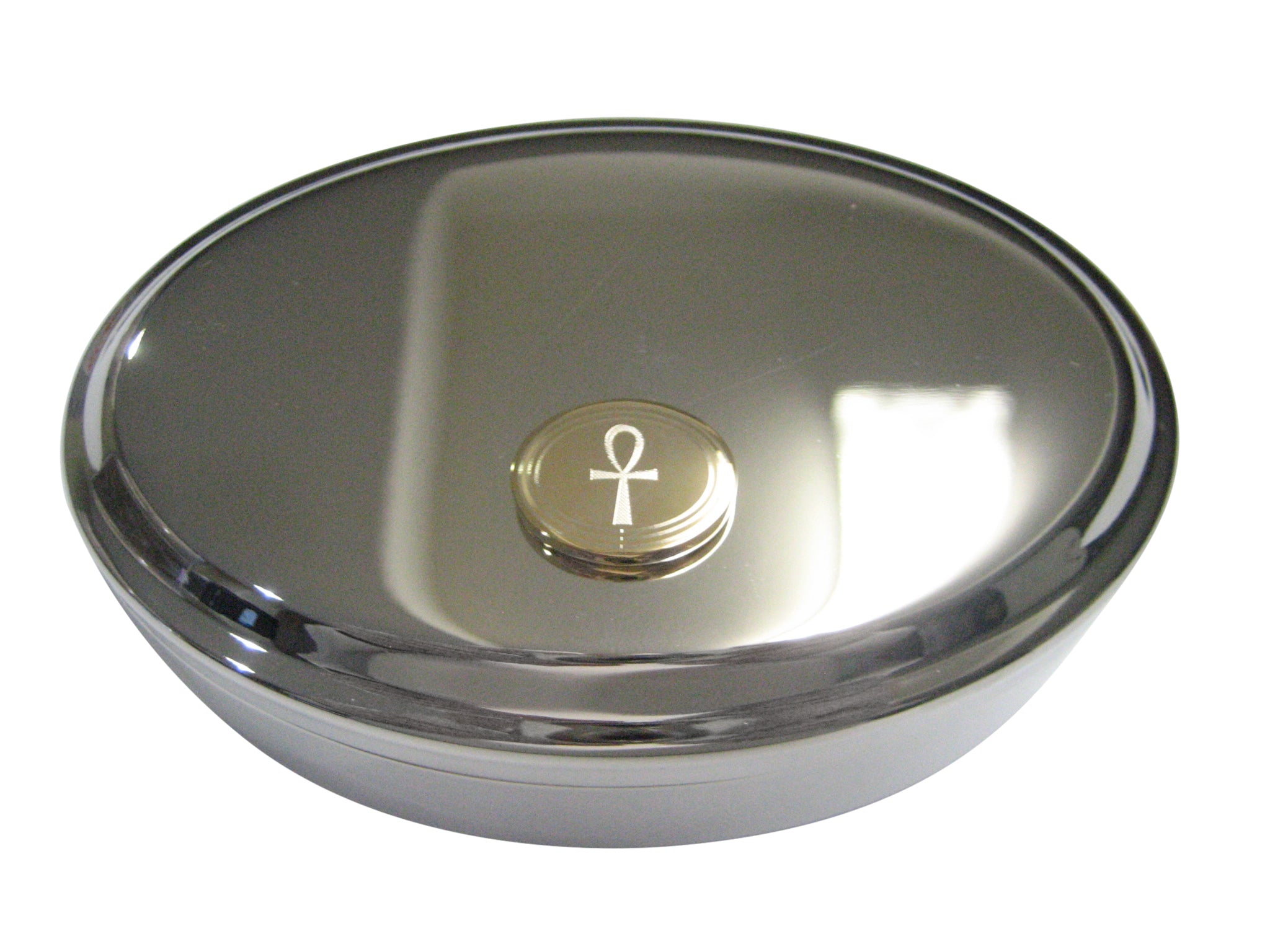 Gold Toned Etched Oval Ankh Cross Oval Trinket Jewelry Box