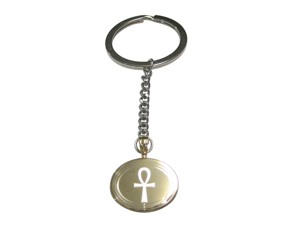 Gold Toned Etched Oval Ankh Cross Pendant Keychain
