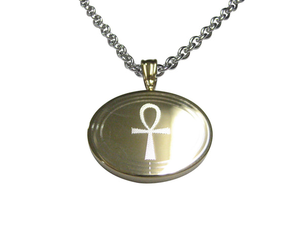 Gold Toned Etched Oval Ankh Cross Pendant Necklace