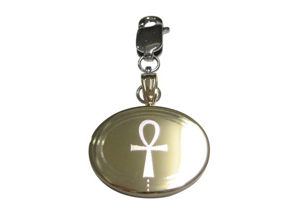 Gold Toned Etched Oval Ankh Cross Pendant Zipper Pull Charm