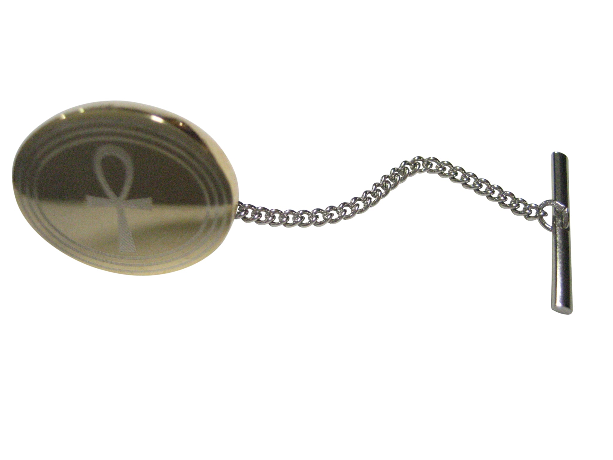 Gold Toned Etched Oval Ankh Cross Tie Tack