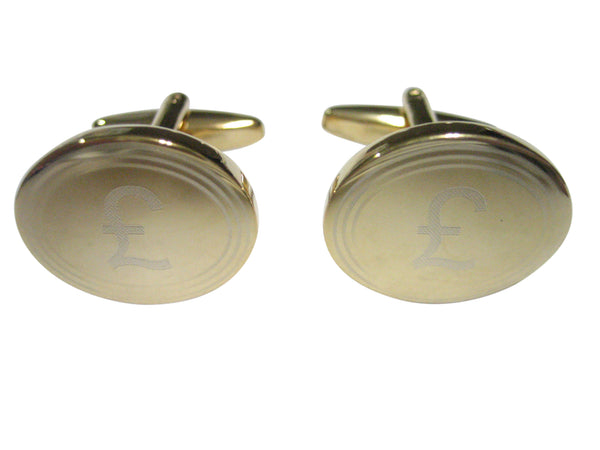 Gold Toned Etched Oval British Pound Sterling Currency Sign Cufflinks