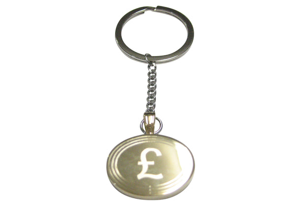 Gold Toned Etched Oval British Pound Sterling Currency Sign Pendant Keychain