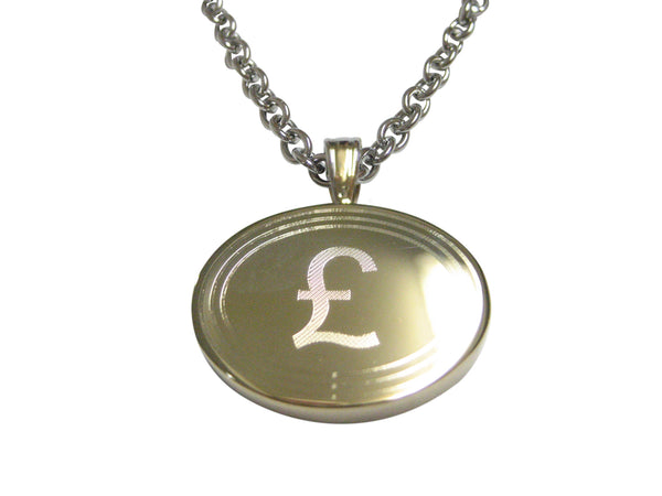 Gold Toned Etched Oval British Pound Sterling Currency Sign Pendant Necklace