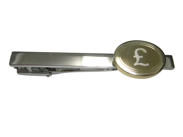 Gold Toned Etched Oval British Pound Sterling Currency Sign Pendant Tie Clip
