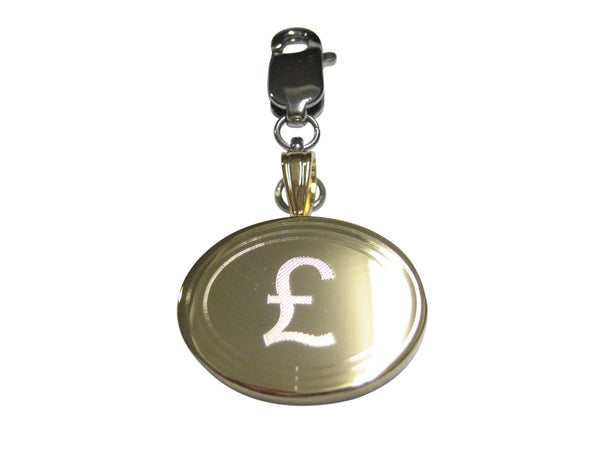 Gold Toned Etched Oval British Pound Sterling Currency Sign Pendant Zipper Pull Charm