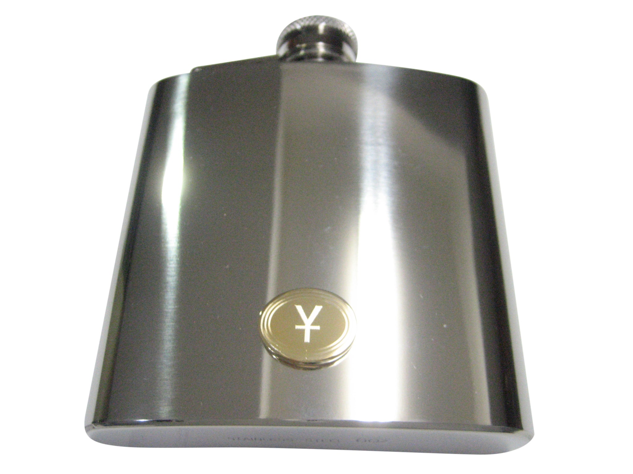 Gold Toned Etched Oval Chinese Yuan Currency Sign 6oz Flask