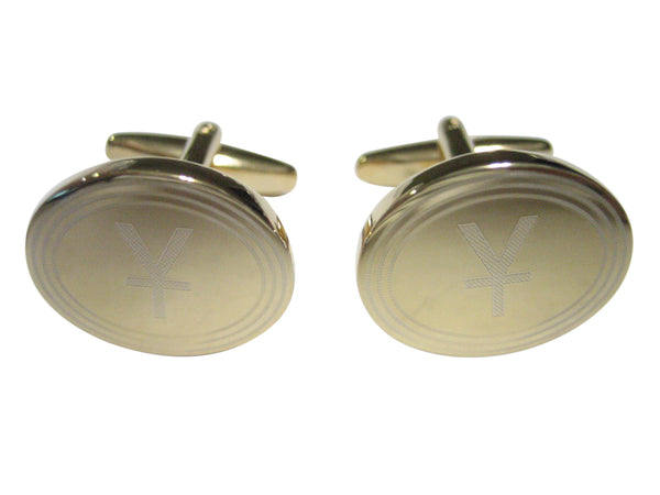 Gold Toned Etched Oval Chinese Yuan Currency Sign Cufflinks