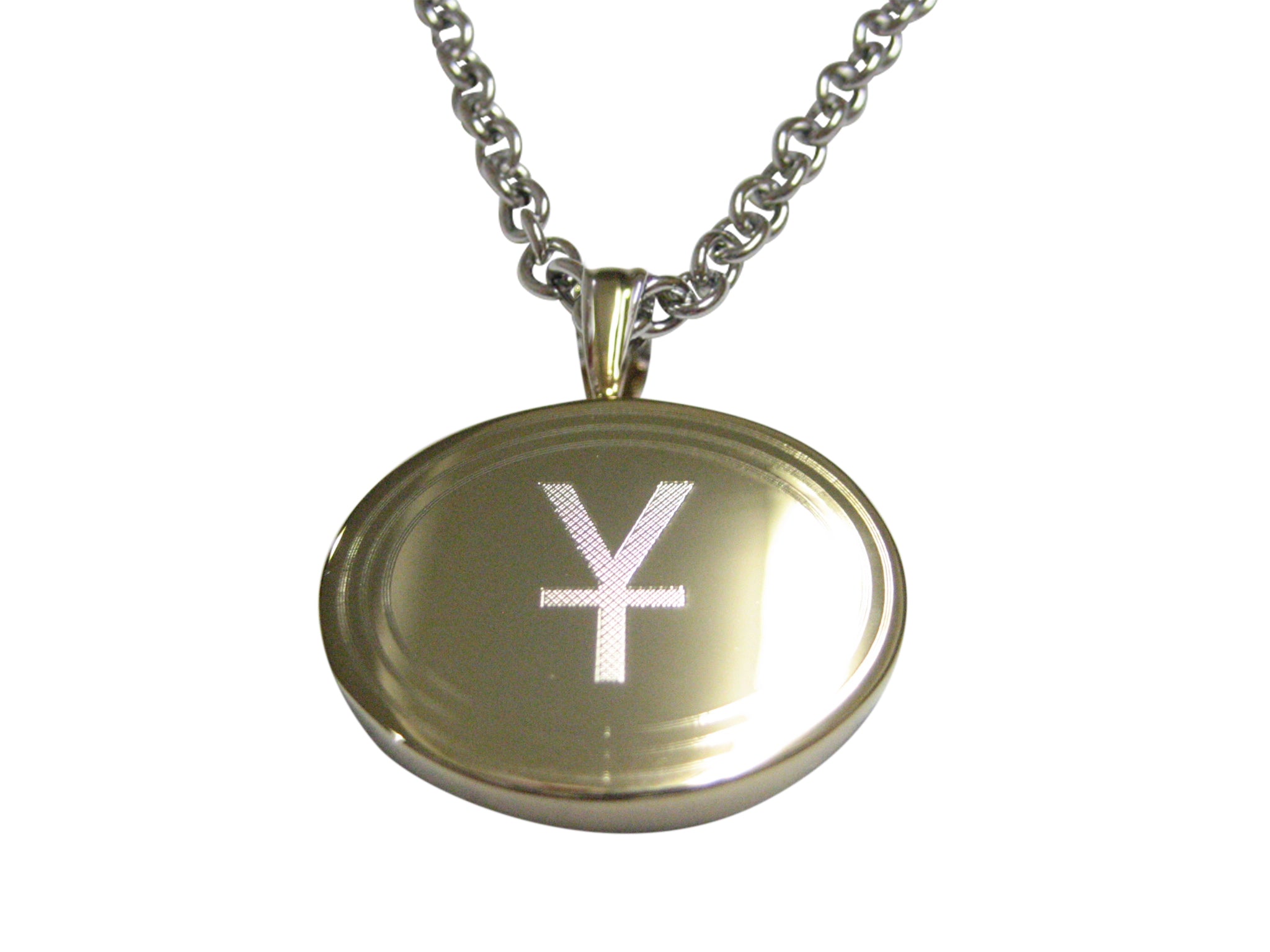 Gold Toned Etched Oval Chinese Yuan Currency Sign Necklace