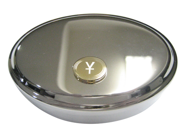 Gold Toned Etched Oval Chinese Yuan Currency Sign Oval Trinket Jewelry Box