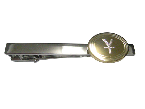 Gold Toned Etched Oval Chinese Yuan Currency Sign Tie Clip