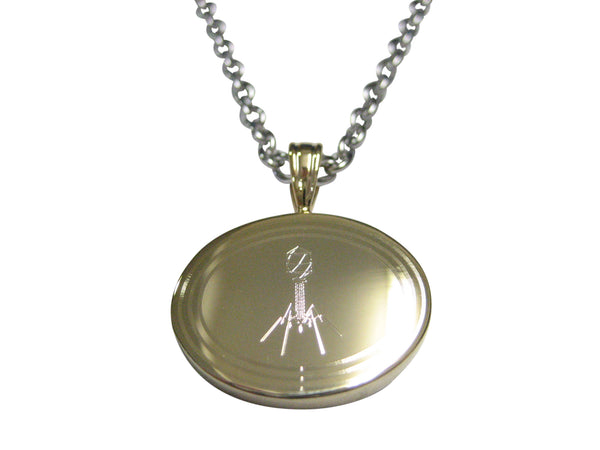Gold Toned Etched Oval Complex Virus Pendant Necklace