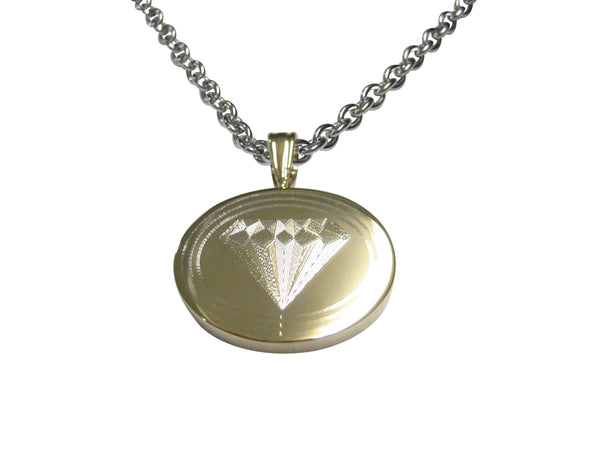 Gold Toned Etched Oval Diamond Image Pendant Necklace
