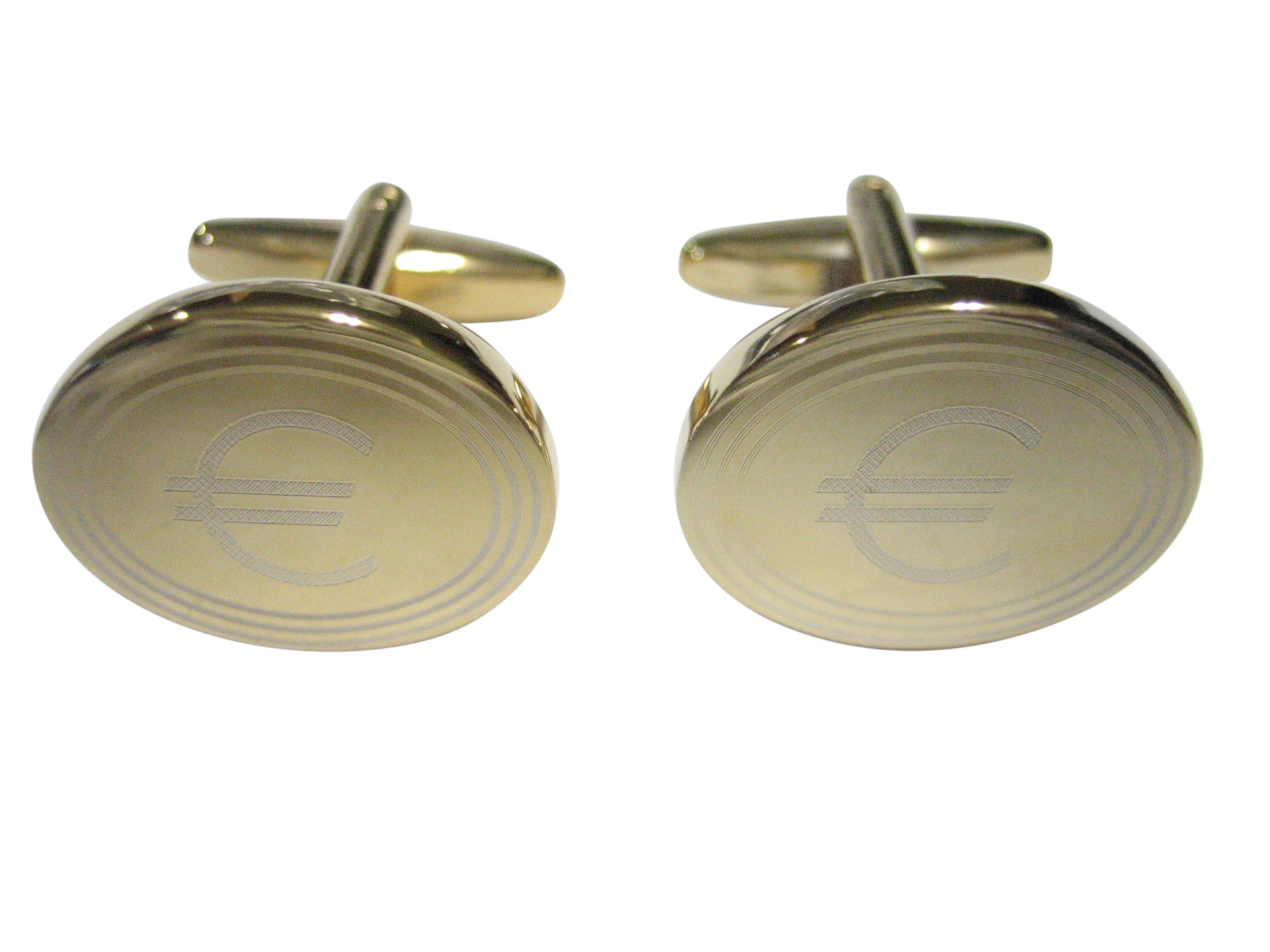 Gold Toned Etched Oval Euro Currency Sign Cufflinks