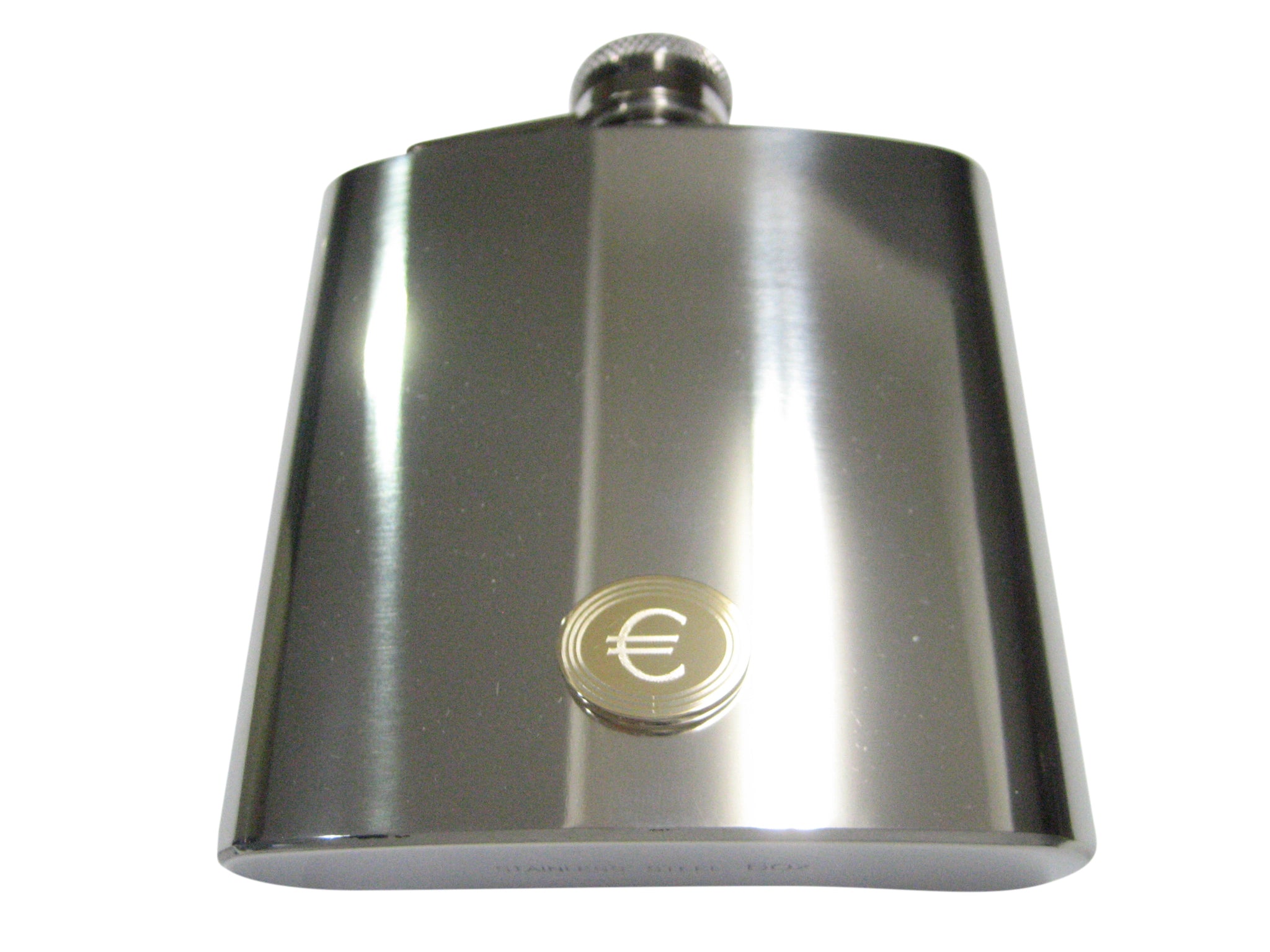 Gold Toned Etched Oval Euro Currency Sign Pendant 6oz Flask